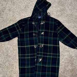 Vintage Nautica Plaid Toggle Duffle Coat Womens Green Navy Hooded XL Rare!